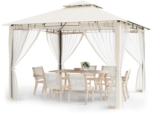 Amopatio Cenador de Jardín, 3.4x3.4m, Doble Techo Impermeable con Mosquitera Incluida - Pergola Exterior de Metal para Fiestas, cenador de Metal para Piscina, Beige
