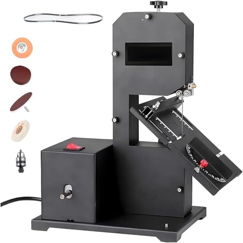 Azcabjie Sierras De Cinta De Banco para Bricolaje, 800 W, Mesa De Trabajo De Metal Inclinable 45° para Cortes Rectos Y Curvos En Talleres Pequeños