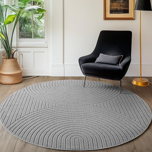 SIMPEX Kurzflor Teppich Rund 160 cm Grau, Hoch Tief Effekt, Skandi Boho Teppich für Wohnzimmer Schlafzimmer, Terrasse Balkon Indoor Outdoor