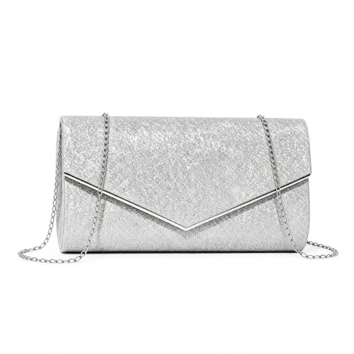Clutch Silber Damen, Elegante Abendtasche mit Glänzendem Stoff, Verstärkter Kette & Großem Stauraum, Handtasche mit Kartenfach für Hochzeit, Party, Bankett & Abendveranstaltungen, Geschenk für Frauen