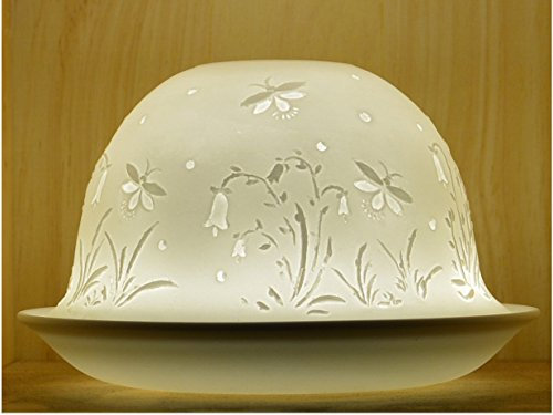 Nordic Lights Stencil Flower White Porcelain Tealight Holder Dome | Candle Holder Projecting a 3D Image Use With Scented Candle, LED Light | Room Decor Lights | Shade & Plate Set with Gift Box