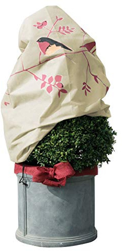 AFP Winterschutz Vlieshaube Vögel Dompfaff beige/rot Bedruckt, 90 x 110cm, 50g/qm Gartenvlies atmungsaktiv - Pflanzenschutz Winter/Frostschutz Pflanzen/Kordel / 2 Jutesäckchen gratis