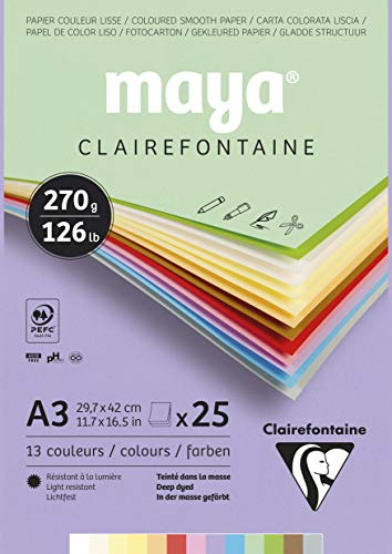 Clairefontaine 975337C - Malblock verleimt mit 25 Blatt Maya Zeichenpapier, glatt 29,7x42 cm 270g, Pastell farbig sortiert (12 Farben + 1 weiß )