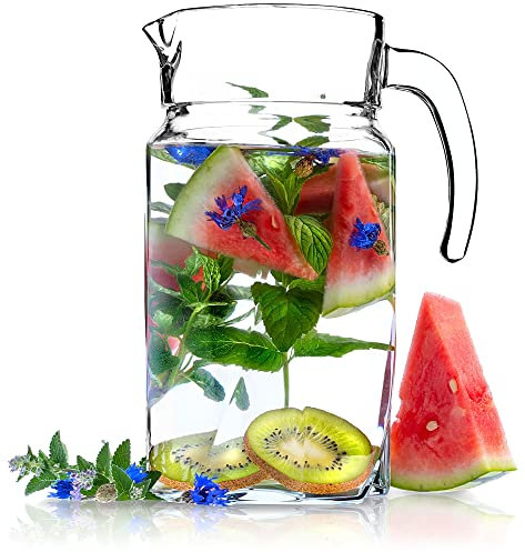 KADAX Brocca da Tavola in Vetro per Bevande Fredde, Caraffa Trasparente con Manico e Beccuccio per Servire Acqua, Succo, Limonata e Sangria (1.7 L)