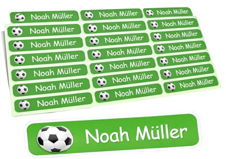 Indigos UG Namensaufkleber Kinder Schule - 43x7mm - 012 - Fußball - Etiketten selbstklebend - 60 personalisierte Aufkleber für Kindergarten, Stifte, Bücher, Brotdose, Federmappe, Lineale & Spielzeug