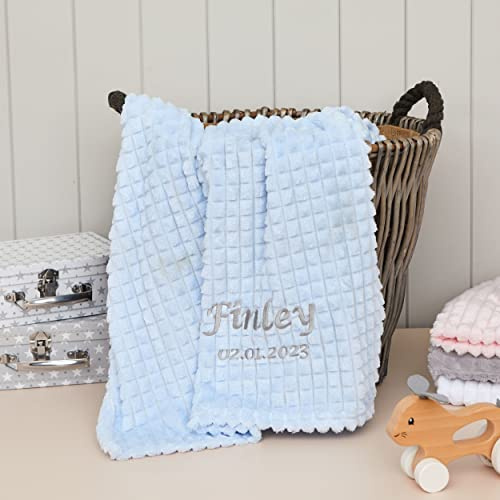 Hoolaroo Personalised Blanket Embroidered Soft Baby Blanket Newborn Personalised Blanket for Girl or Boy New Baby Gifts Pram Cot Blue