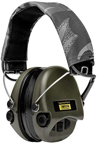 ACE Sordin Pro-X Aktiver Kapsel-Gehörschutz - EN 352 - mit Night-Camo-Stoffband, Gelkissen & grünen Kapseln