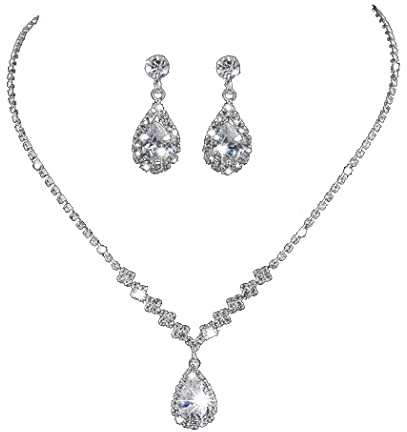Carufin novia novia cristal collar pendientes conjunto plata nupcial gargantilla collares colgante joyería para mujeres y niñas (Plata)