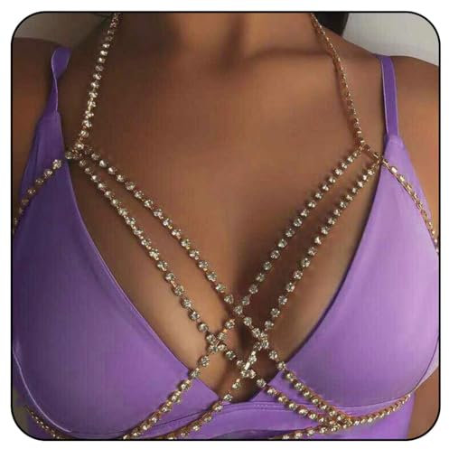 Zookey Strass Bikini BH Körperkette Gold Sparkly Brustkette Kristall Nachtclub Brust Körperkette Schmuck für Frauen und Mädchen
