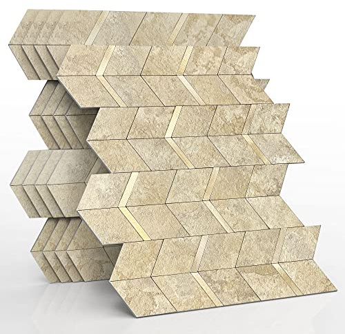 MOFIT – Lot de 10 panneaux muraux 3D à décoller et à coller pour dosseret de cuisine, carrelage de salle de bain (beige doré)