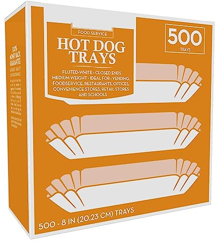 500 Paper Hot Dog Trays | White Hot Dog Wrappers | 8 Inch Hotdog Tray Holders Plates | Disposable Fluted Hotdog Boats | Hotdog Container - Concession Stand Trays - Hot Dog Cart Accessories