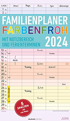 Familienplaner Farbenfroh 2024 mit 5 Spalten - Familienkalender 26x45 cm - Offset-Papier - mit Ferienterminen - Wandkalender - Wandplaner