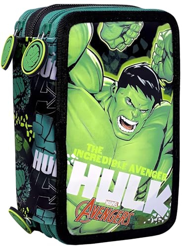 Clondo 3-Fach Federmäppchen für Avengers Hulk Fan – 44-teilig, komplett gefüllt – mit Schere, Lineal, Buntstiften – Schwarz und Grün – ideal für Schule & als Geschenk