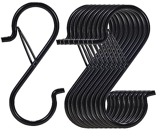 Lot de 12 crochets en S pour suspendre avec boucle de sécurité, crochets en métal robuste en forme de S de 8,9 cm pour ustensiles de cuisine, tasses, pots, plantes, sacs, chapeaux (noir)