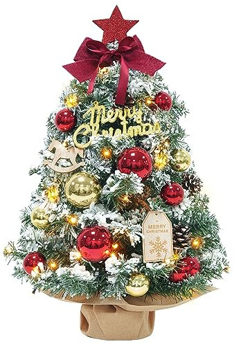 DEWUR Mini Weihnachtsbaum Kleiner Weihnachtsbaum mit Beleuchtung LED Tisch Weihnachtsbaum klein künstlich geschmückt für Weihnachten Deko (60cm Rot mit Gold), F08-F11