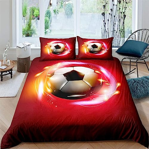 NDXRWDZR Housse de Couette 200x200 cm Adolescent Ballon De Foot Rouge Parure de Lit 2 Personnes avec Fermeture Éclair Doux Respirant Microfibre Housse de Couette et 2 Taie d'oreiller 65x65 cm