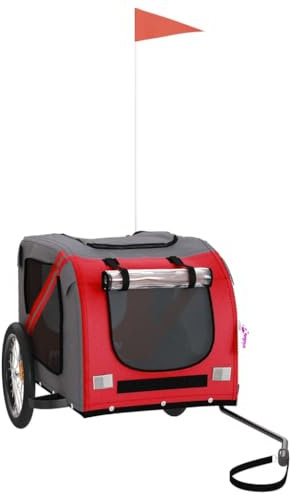 vidaXL Fahrradanhänger für Hunde, Hundeanhänger mit Reflektoren Flagge, Hundetransporter Maximale Belastbarkeit 45kg, Rot Grau Oxford-Gewebe Eisen