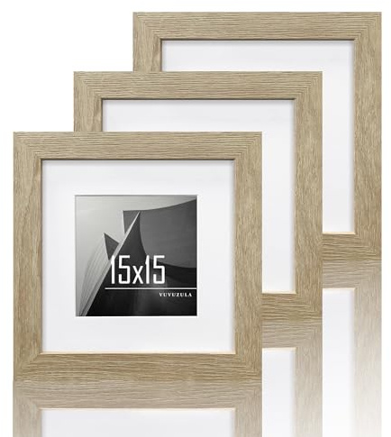 VUVUZULA Cornice portafoto quadrata in legno MDF, 15 x 15 cm, con passepartout 10 x 10 cm, colore rovere naturale, set da 3 pezzi