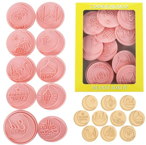MIANXIAOXIN 8 Pcs Happy Birthday Cookie Molds New Year Spring Festival 3D Biscuit Mould Baking Tool Easter Cartoon Stamps for Biscuits (Eid al-Fitr E)