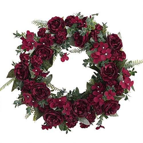 Mokylor Künstlicher Pfingstrosen-Blumenkranz, 39,9 cm, Handgefertigter Blumenkranz, Gefälschter Burgunder-Pfingstrosen-Kranz mit Grünen Blättern, Frühlings-Sommer-Blumen-Türkranz für(Rot)