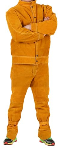 MECKOZ Leder-Schweißer-Overall-Set Hitzebeständiger Schweißeranzug Gespaltenes Rindsleder Heavy Duty Sicherheitsjacken Und -hosen(XXL)