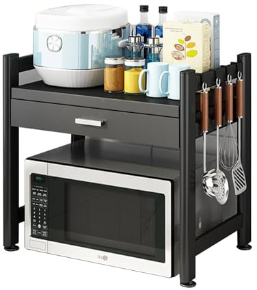 WMLBK Étagère pour micro-ondes avec organiseur extensible en acier au carbone - 56 cm - Étagère de cuisine pour cuisine (noir, 2 niveaux)