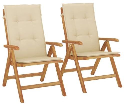 vidaXL Gartenstühle 2 STK., Gartenstuhl mit Kissen, Stuhl Sessel Hochlehner Verstellbar Klappbar, Klappstuhl Terrassenstuhl, Massivholz Teak