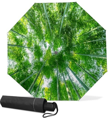 GISPOG Automatic Folding Umbrella, Bamboo Forest Waterproof Compact Sun and Rain Travel Umbrellas for Women & Men