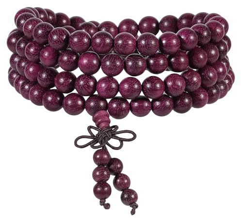 Nupuyai Bracciale in Legno con 108 Perline Mala per Donne e Uomini, Collana di Perle di Legno per Preghiera Buddhista, Braccialetto Tibetano Avvolgente per Meditazione Reiki, Gioielli per Donne, 8 mm
