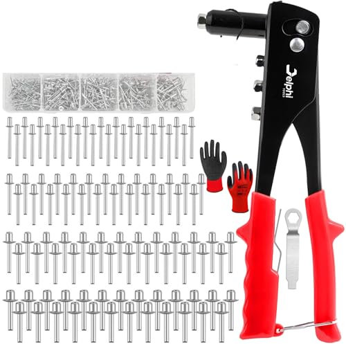 DELPHI Set di pinze rivetti con 500 rivetti ciechi in 4 misure 2.4 I 3.2 I 4.0 I 4.8 mm Pinza rivettatrice pop, set di attrezzi professionali con valigetta, guanti