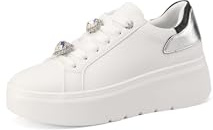 QUEEN HELENA Sneakers Platform Scarpe da Ginnastica con Strass Donna X31-5 (Bianco e Argento, Sistema Taglie Calzature EU, Adulto, Donna, Numero, Media, 36)