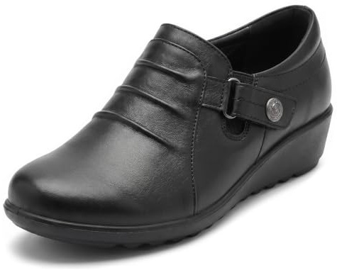 Cushion Walk Women's EEE Extra-Wide Fit Low Wedge Slip-On Black Shoes, UK | Faux Leather, Cushioned Insole, Elastic Panels, Ladies Lightweight Work Office Comfort Loafers, Flats, Button & Ridge Detail