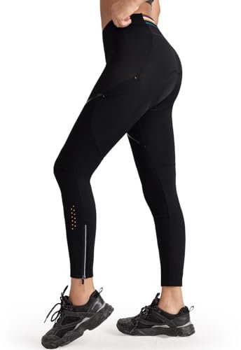 Santic Fahrradhose Damen Lang Gepolsterte Radlerhose mit Reißverschluss am Knöchel Superelastisch Radsport Thermoleggings Tights Radhose Lange Hosen Schwarz XL