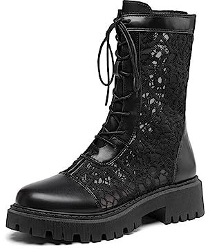 Dammodeboots Mid Tube Ankelboots Dam Mesh Hollow Sandaler Svarta Spets Ankelboots Låg klack