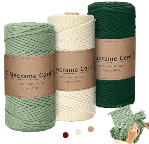 Filato Macrame 3mmx100m,Corda Cotone Macrame 3 Kit,Cordino Per Borse Uncinetto Fai Da Te,Corda Di Cotone Morbido Per Arazzi,Decorazione Fioriere,Decorazioni Boho
