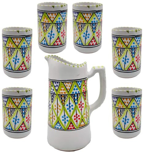 Set Brocca 1 Lt e 6 Bicchieri 200 ml in Ceramica Artigianale Tunisina Dipinti a Mano 1512241103 Marocco Tunisia Etnico del Mondo