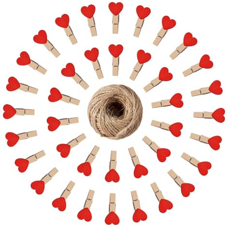 VijarCrea Kleine Herz-Wäscheklammern zum Aufhängen von Fotos, 3,6 cm, Holz-Wäscheklammern mit 30 m Jute-Schnur, Mini-Fotoclips, rote Herz-Clips für Bilder, Kleidung, Babyparty, Hochzeitsdekoration