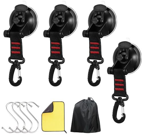 4 Pcs Heavy Duty Suction Cup Anchor - Car Side Awning Suction - with 360° Rotating D Rings and S Hooks - Multipurpose Camping Sucker Cup Hooks - Apply to Truck, Boat, Car, Van, Home, Camping