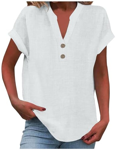 Camicia Donna Estiva Manica Corta Camicetta in Lino Cotone Elegante Blusa Maglietta Scollo a V Top con Bottoni Moda Casual T Shirt Tinta Unita Classico