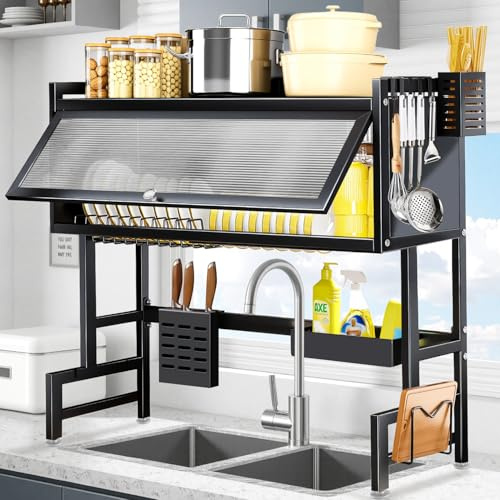 XDTIME Over The Sink Dish Drying Rack 3 Tier with Cover.Space-Saving Dish Drainer Organizer for Dishes, Glasses, Bowls & Cutlery.Tidy Kitchen Counter Storage Solution