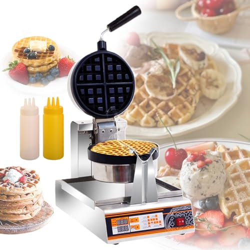 pealiritansemen Gaufrier Professionnel Rotatif À 180° | Gaufrier Rond 1200 W - Revêtement Antiadhésif, Chauffage Double Face, Affichage LED pour Cafés/Restaurants/Maison, avec Bouteille Souple