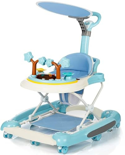 2-in-1-Lauflernhilfe, Lauflernhilfe für Kleinkinder mit herausnehmbarer Futterschale und Musikablage,Höhenverstellbare Gehhilfe Baby, Lauflernwagen klappbar (Blau 67 x 75 x 85 cm)