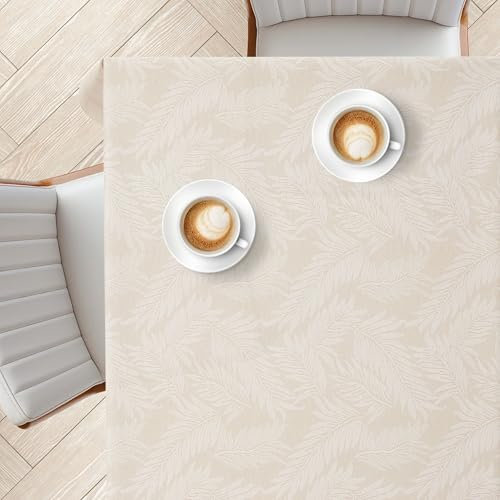 KP HOME Ivory PVC Table Cloth Wipe Clean Rectangular 78.7x 55.1 (200x140cm) - Wipeable Plastic Table Cover with Soft Touch Feel in Cream Beige, Waterproof Oilcloth Tableclotch With White Fern Leafs