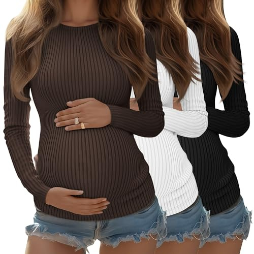 Riyiper Paquete de 3 Camisetas de Maternidad para Mujer, Camisetas de Punto Acanalado de Manga Larga para Embarazadas(Marrón, Blanco, Negro,XL)