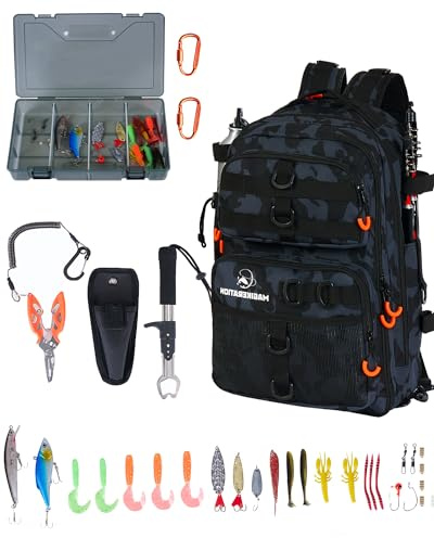 Angelrucksack mit Rutenhaltern, 900D Oxford wasserabweisend, Angelausrüstung, 42 l große Aufbewahrungstasche für Herren, Bk Camo, 17.2 x 11.8 x 5.5, Mit Box