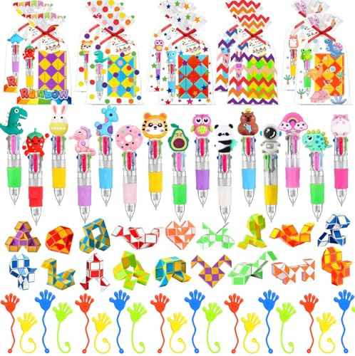 Tosoda Detalles Cumpleaños Infantiles Regalos Cumpleaños Niños Colegio Bolígrafos Bonitos Colores 4 in 1, Cubos Mágicos y Manos Pegajosas con Bolsitas de Regalo y Etiquetas de Cumple (18)
