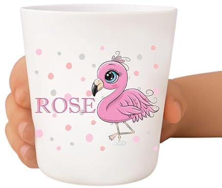 Tendance Cadeau Gobelet enfant personnalisé – Incassable et sans BPA – Prénom + illustration – Résistant aux chocs – Crèche, école, maison – 236 ml (Flamant rose)