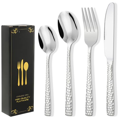 Silver Mixed Cutlery Sets, 24 Pcs Stainless Steel Mirror Polished Flatware Set with Knife Fork Spoon Dishwasher Safe Hammered Texture Silverware Cutlery for 6 People at Home/Restaurant/Hotel