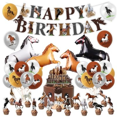 Rainway Pferde Geburtstagsdeko, 42 Stück Pferd Party Dekorationen Set, Enthalten 4 × Pferd Folienballon, 16 × Cupcake Topper, 20 × Luftballon, 1 × HAPPY BIRTHDAY Banner fur Theme Party Supplies