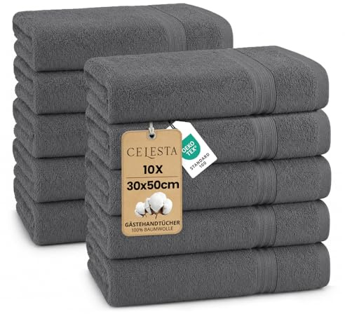 CELESTA Gästehandtücher 30x50cm 10er‑Set 100% Baumwolle Frottee, Dunkelgrau | OEKO‑TEX zertifiziert, Frottee‑Handtücher aus Baumwolle, weich & saugstark, ideal für Gästezimmer, Waschbecken, Küche, Reise